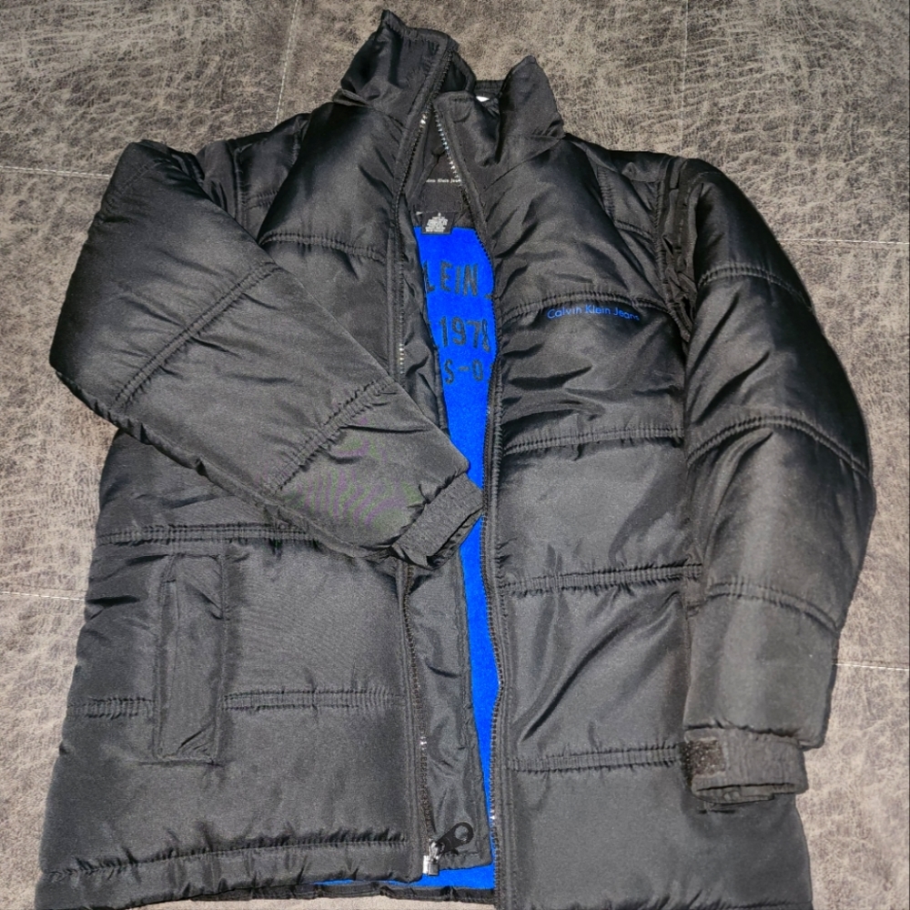 Calvin Klein Boys Black Puffer Jacket Blue Fleece Lined Full Zip Size 6-8 Cozy